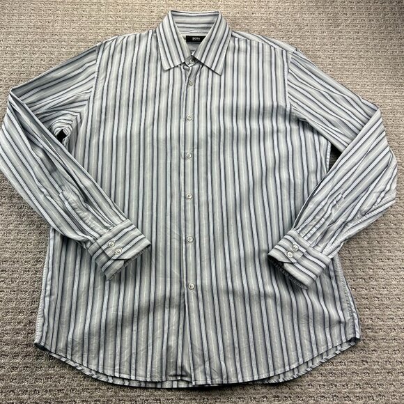 Hugo Boss Button Up Shirt Men Size 43 / 17 Blue Gray Striped Long Sleeve Preppy - Picture 1 of 6